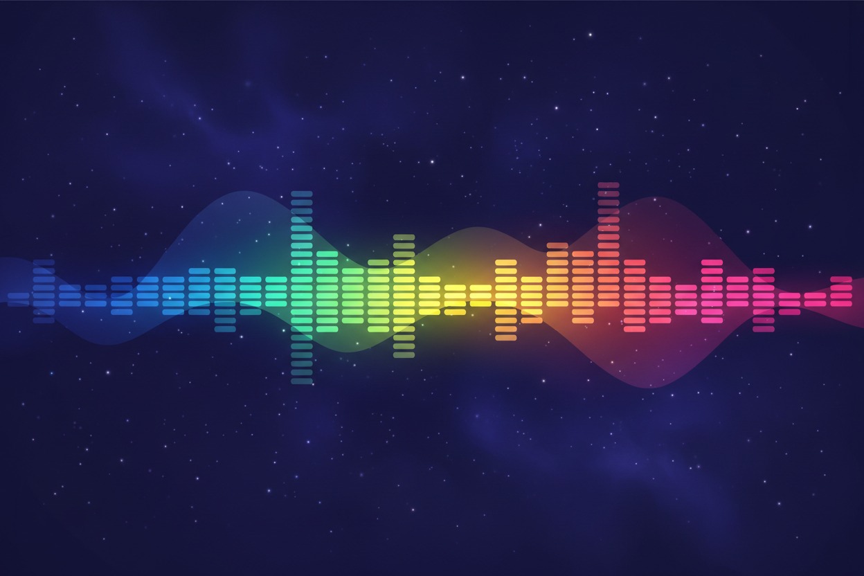 A colorful audio equalizer wave spans horizontally across a dark blue, starry background.
